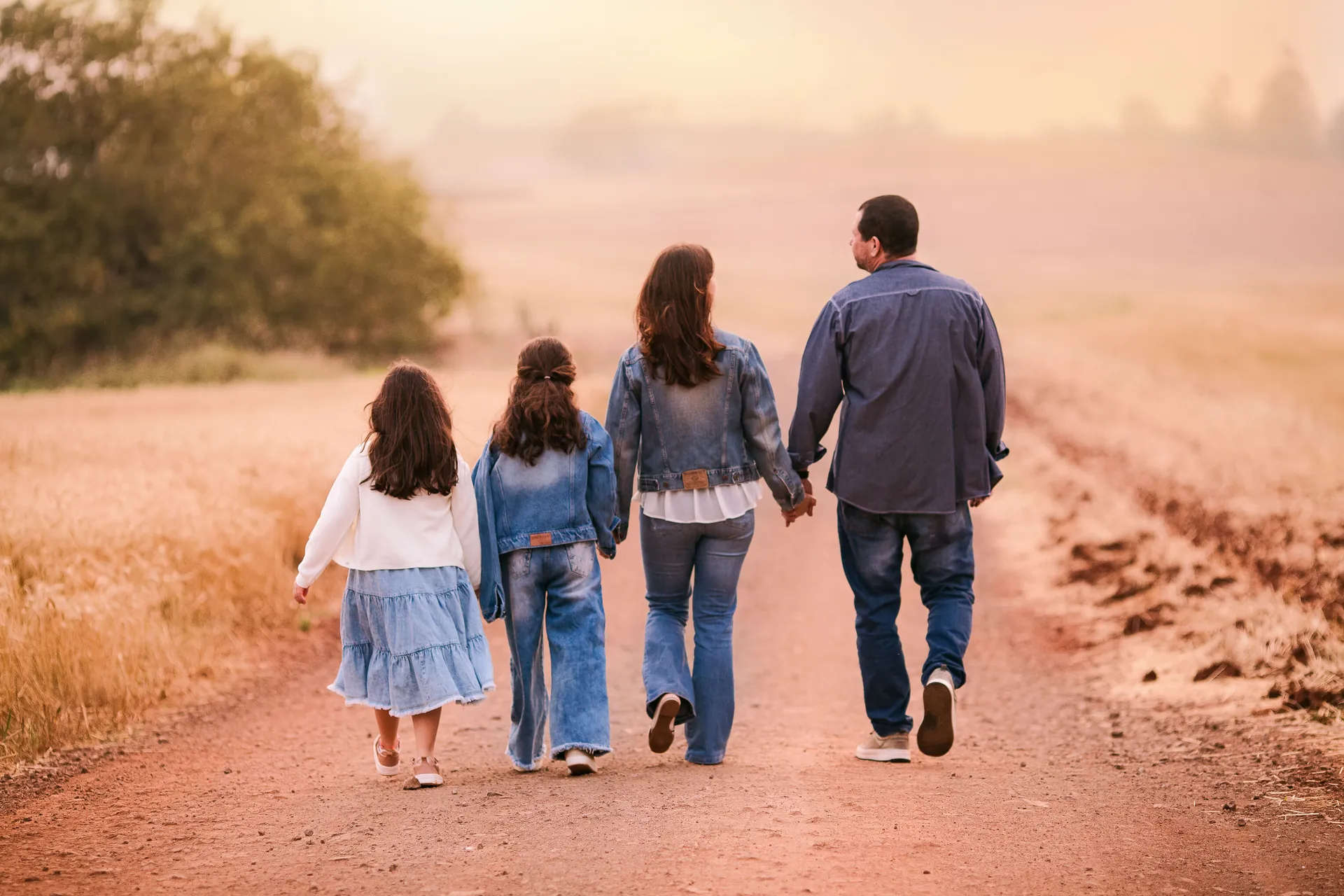 Família de mãos dadas caminhando de costas por uma estrada de terra, na luz dourada