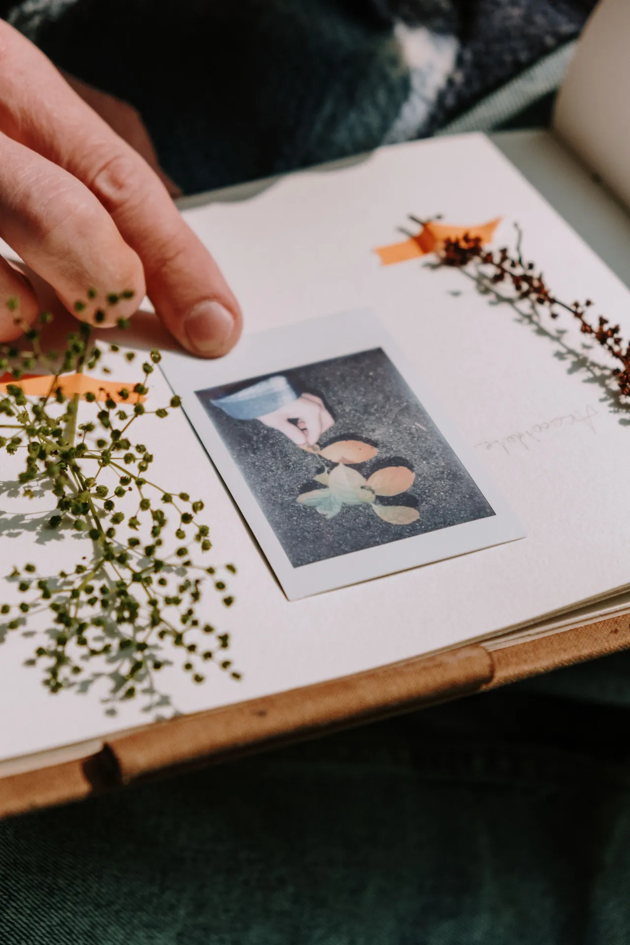 Mão colando uma foto polaroide num álbum artesanal com flores secas