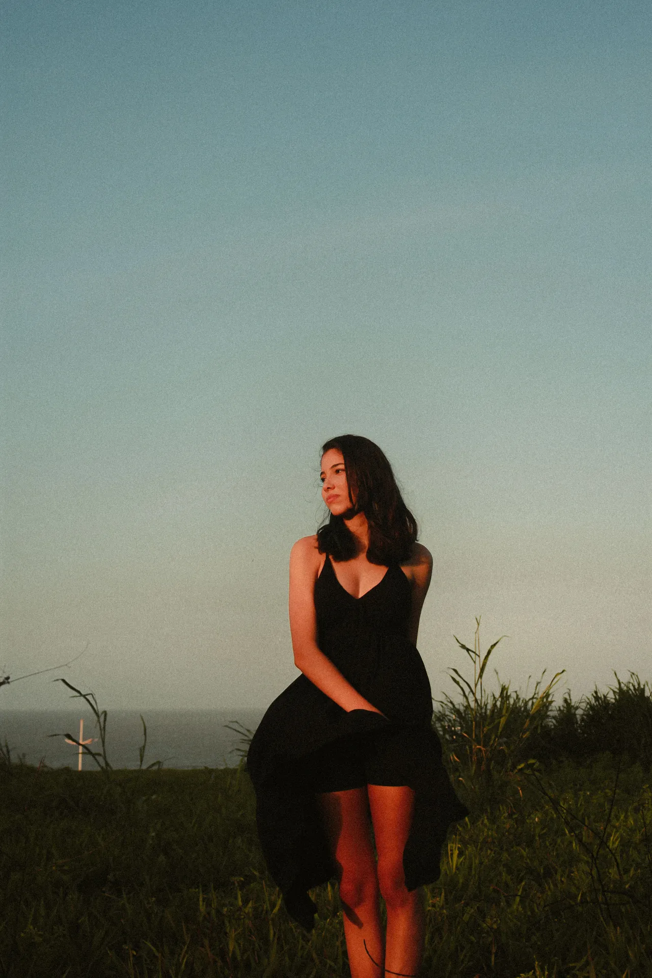 Mulher de vestido preto num campo à beira-mar, na luz suave do fim de tarde