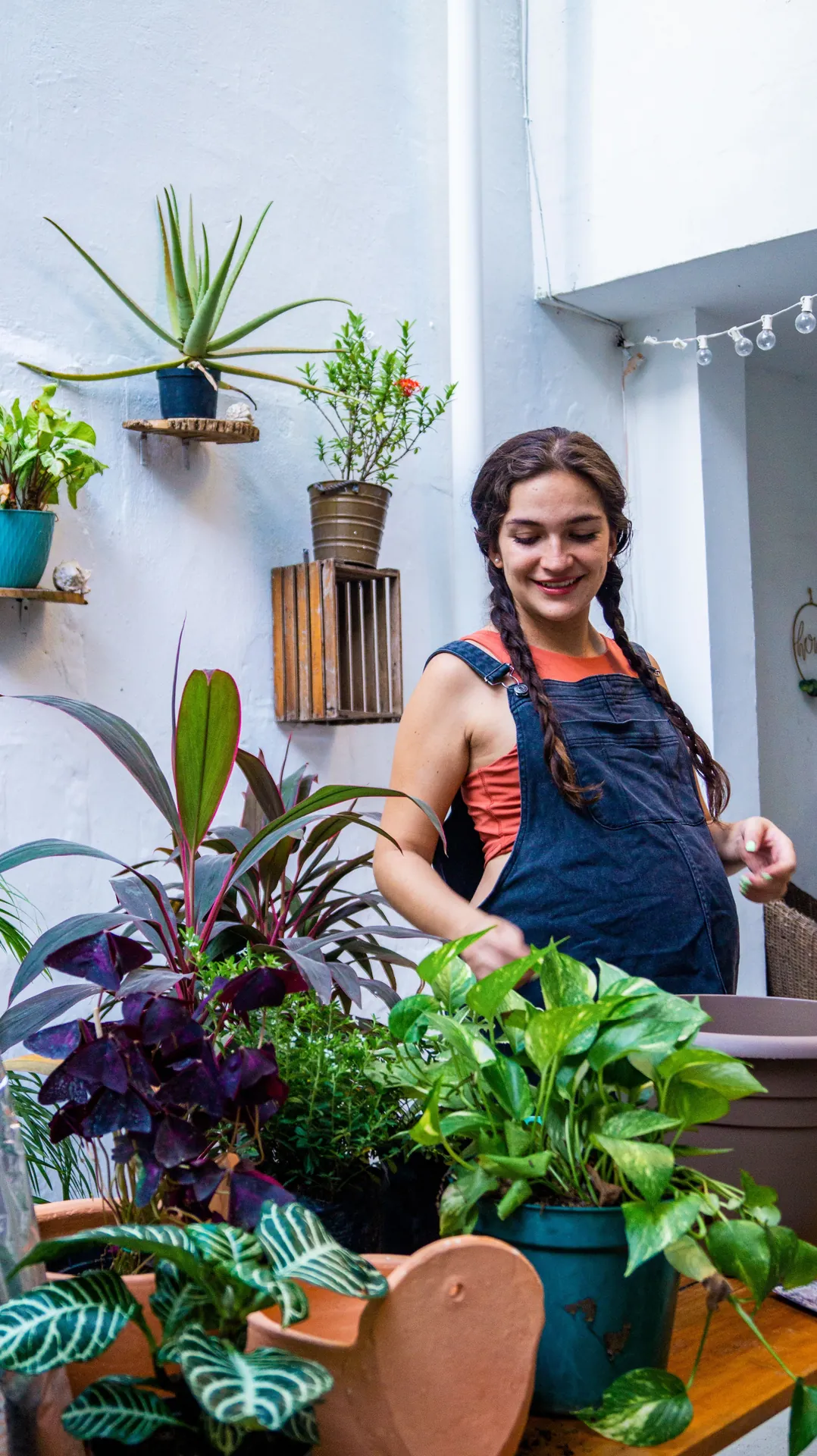 Gestante sorrindo entre vasos de plantas no quintal de casa