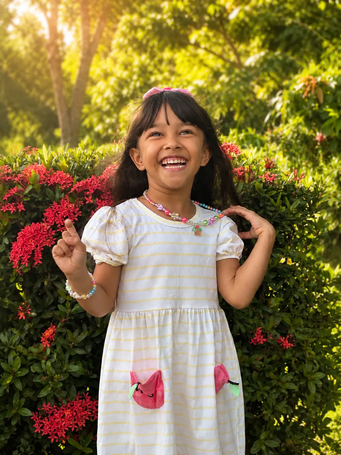 Maria Lívia gargalhando entre as flores no fim da tarde — ensaio infantil na Praia do Paiva